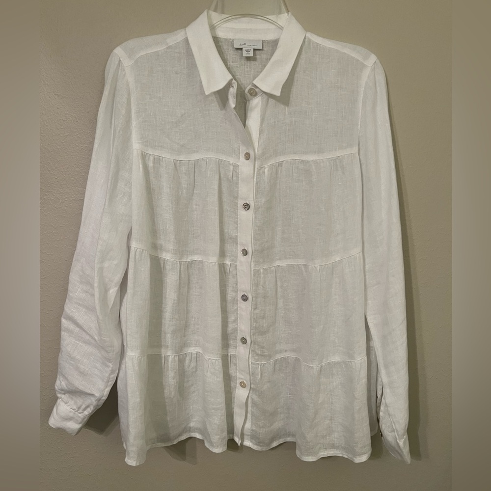 J Jill White Love Linen White Tiered Blouse Long Sleeve size SP